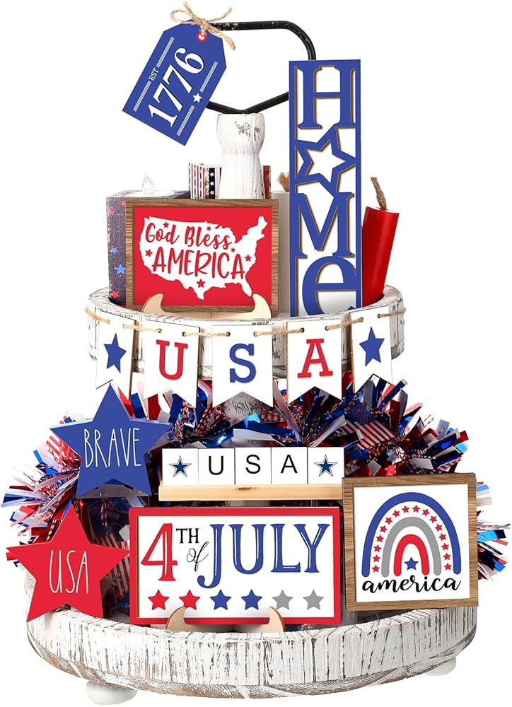 13 Pieces 4th of July Tiered Tray Decor Patriotic Table Decor Wood Signs Independence Day Decorations for Memorial Day American Star Red White Blue Farmhouse Home Party (Classic) | Amazon (US)