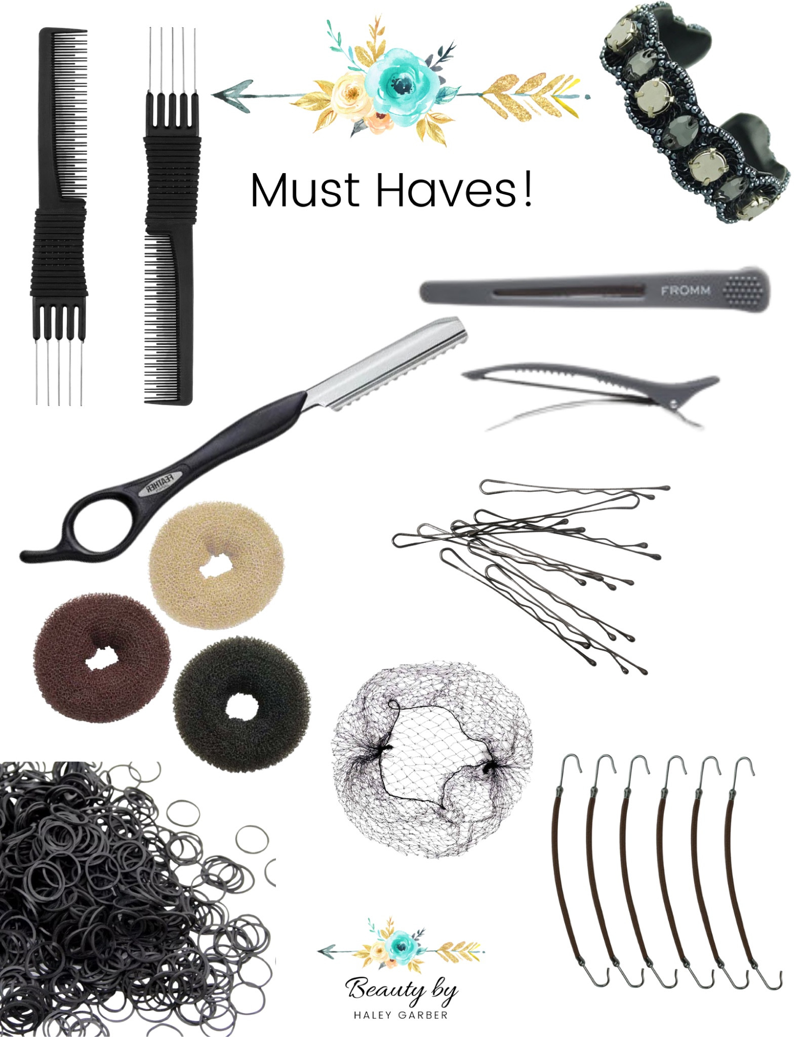 The MUST HAVE items in my kit that aren’t hot tools! These are necessities to creating any style, anywhere. A razor for trimming face framing and extensions, strong hair clips for any texture, donuts and hair nets to create shape and bulk when needed, hair bungees and elastics to hold styles, a variety of sizes of pins and a magnetic bracelet to grab them easily, and teasing/smoothing combs! 

#LTKunder50 #LTKbeauty #LTKwedding