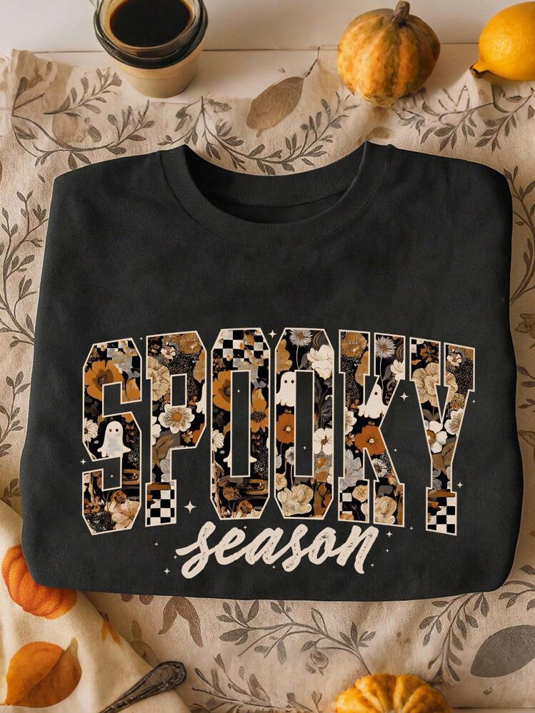 SHEIN CURVE+ Plus Size Halloween Ghost Season, Autumn Pumpkin, Ghost Mom Graphic Fleece Crew Neck Sweatshirt For Women Fall Cloth For Women Winter | SHEIN