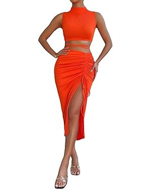 Verdusa Women's 2 Piece Outfit Mock Neck Crop Tank Top and Drawstring Split Skirt Sets | Amazon (US)