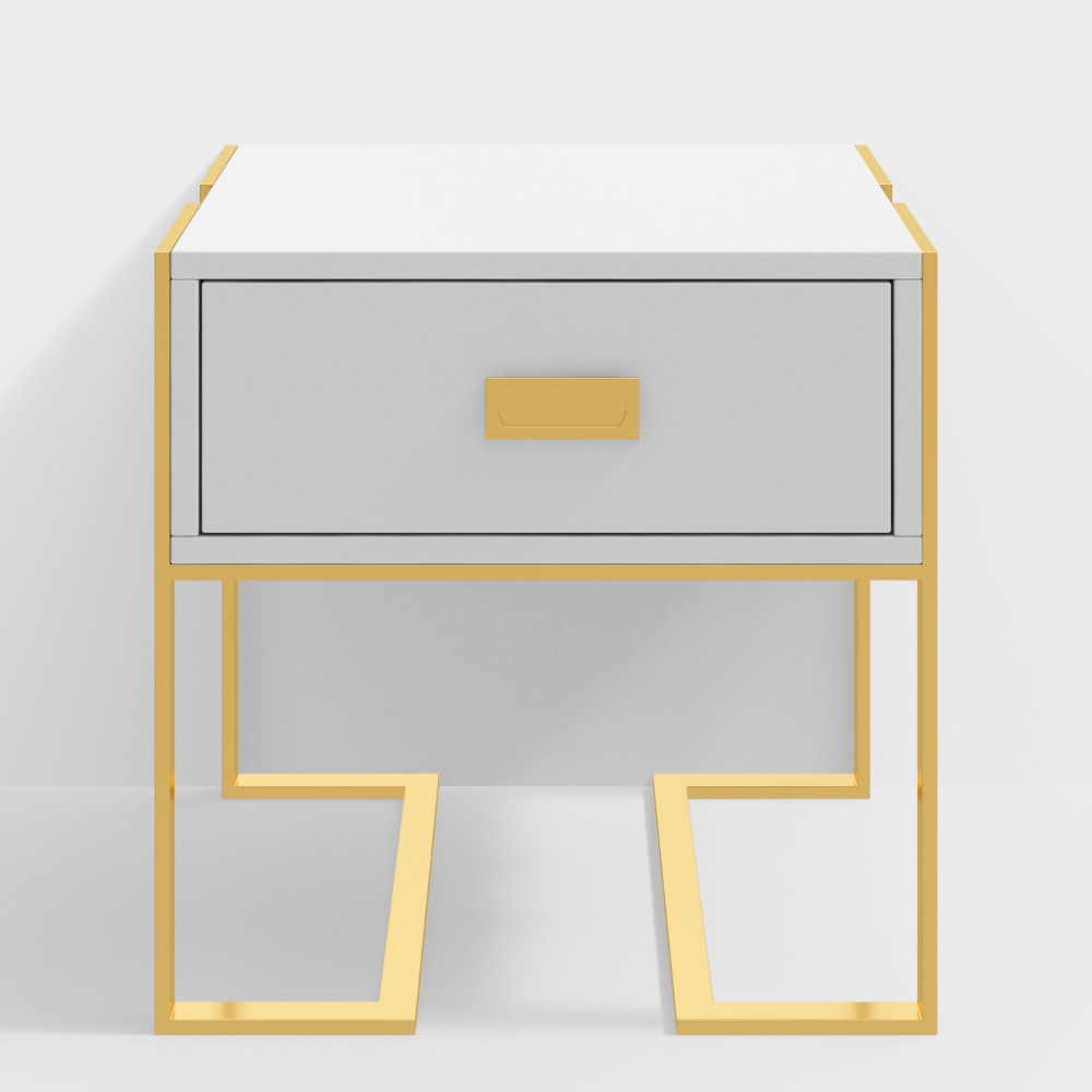 Jocise Modern White Side Table Wooden End Table with 1 Drawer & Golden Double Pedestal | Homary | Homary