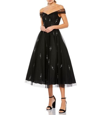 Mac Duggal Pearl Embellished Off-The-Shoulder Cap Sleeve Midi Dress | Dillard's | Dillard's