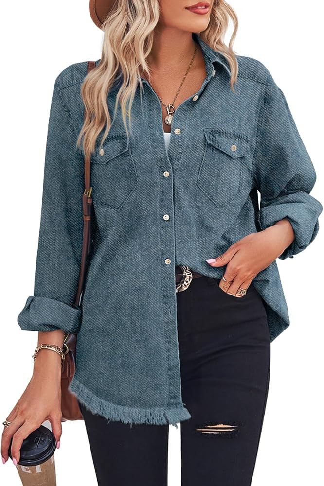 Zilcremo Women Denim Shirt Chambray Collared Jean Shirts Long Sleeve Pocket Button Down Blouses | Amazon (US)