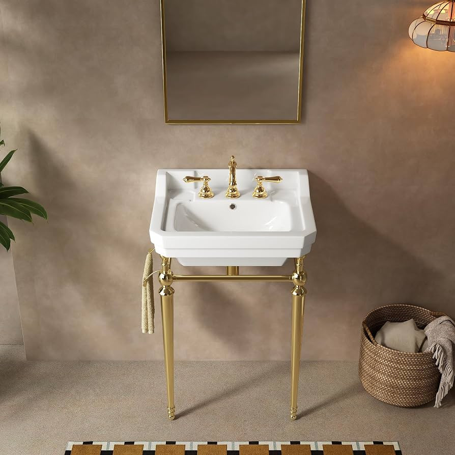23" VICI Bathroom Console Sink, Wall-Mounted White Ceramic Vanity Basin with 3 Pre-Drilled Faucet Holes, Freestanding Gold Steel Support Legs with Towel Bar, No Faucet or Sink Cover Included | Amazon (US)