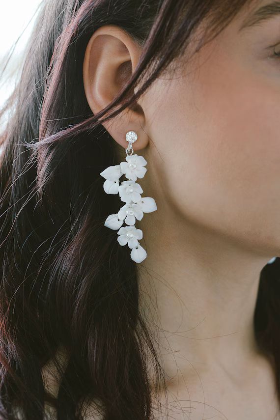 White Floral Drop Earrings, Wedding Flower Earrings, Flower Chandelier Earrings, Bridal Dangle Ea... | Etsy (US)