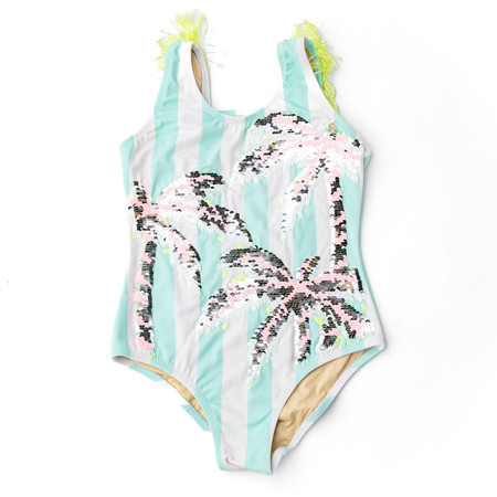 Palm Stripe Girls Sequin Fringe Back One Piece Swimsuit 3t-10 | Shade Critters