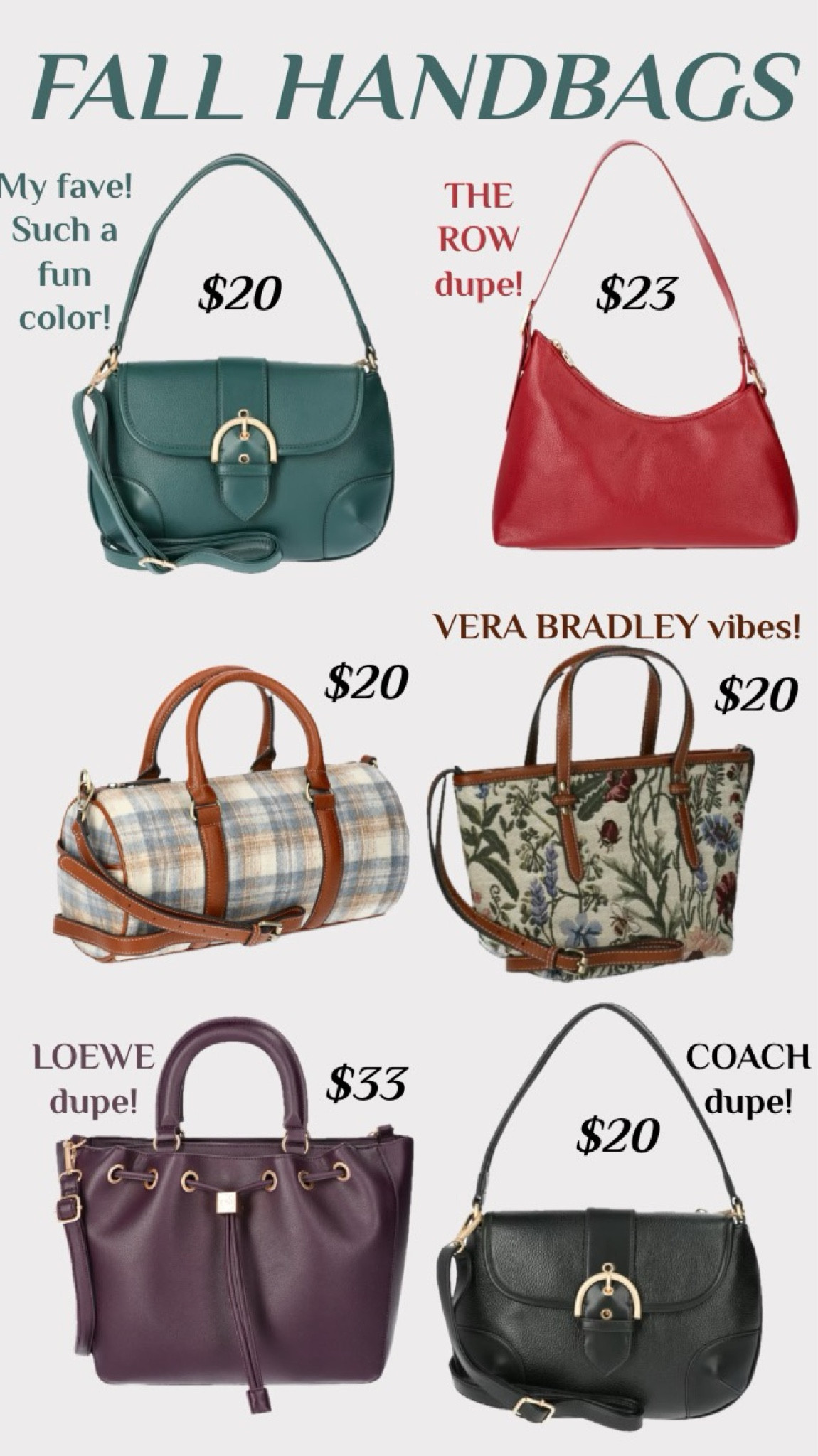 Walmart has some of the cutest purses ever, and they’re almost all $20! The green and black purses are Coach dupes and look so high end! 
…………………
walmart purse walmart new arrivals walmart under $20 Loewe dupe the row dupe anthropologie dupe fall purse fall trends fall bag red purse red bag shoulder bag buckle purse black purse purse under $50 purse under $25 purse under $20 mom bag mom purse shoulder purse small purse faux leather bag leather purse work bag work purse 

#LTKFindsUnder50 #LTKItBag #LTKWorkwear