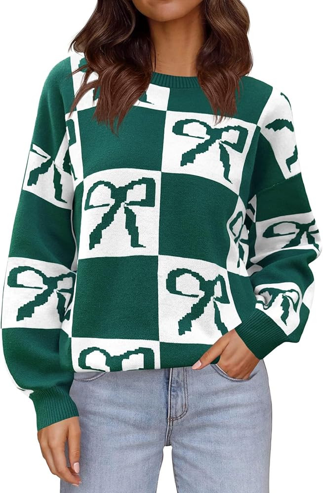 Saodimallsu Womens Color Block Bow Sweater Oversized Crewneck Long Sleeve Knit Warm Pullover Tops | Amazon (US)