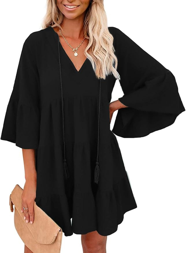 ZKESS Women Casual Long Sleeve Summer Tunic Dress V Neck Loose Flowy Swing Shift Mini Dress | Amazon (US)