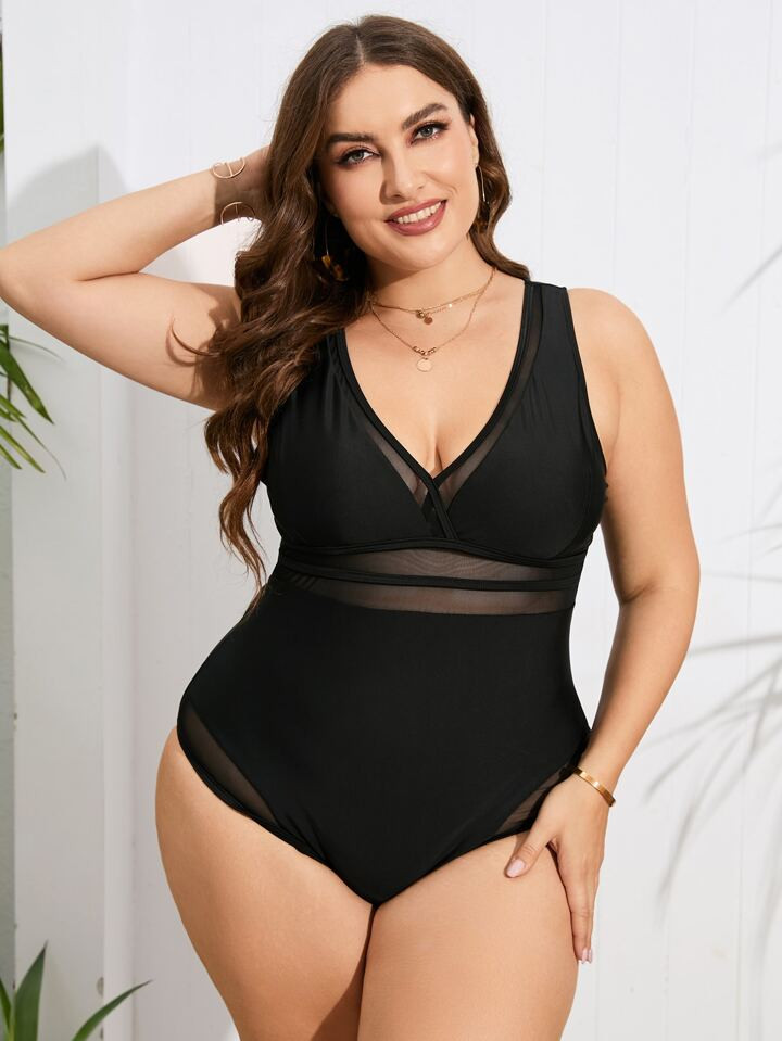 SHEIN Swim Curve Plus Contrast Mesh One Piece Swimsuit | SHEIN