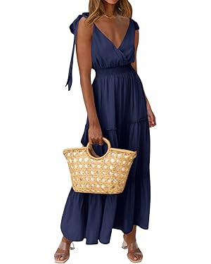 PRETTYGARDEN Women's Cross Neck Spring Sleeveless Tiered Maxi Dress Beach Tie Strap Smocked Long ... | Amazon (US)