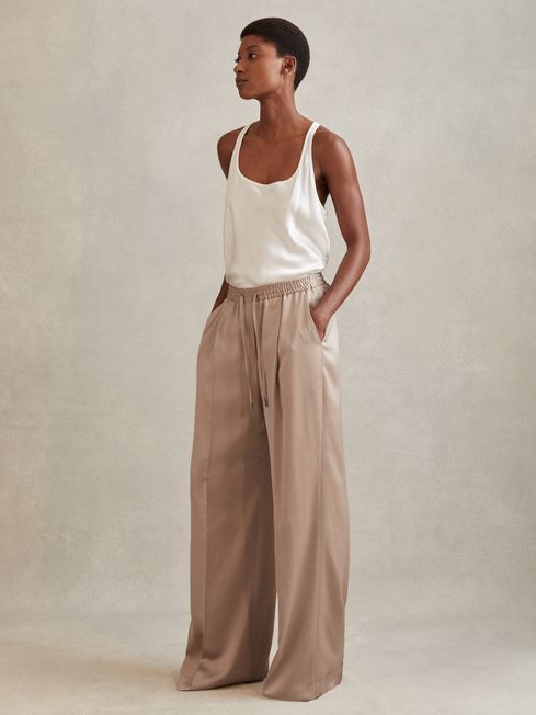 Reiss Gold Cole Satin Drawstring Wide Leg Trousers | Reiss US