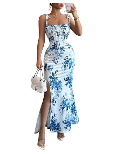 Floerns Women's Summer Floral Cami Maxi Dress Tie Shoulder Vacation Split Milkmaid Bodycon Dresses Blue and White Small | Amazon (US)