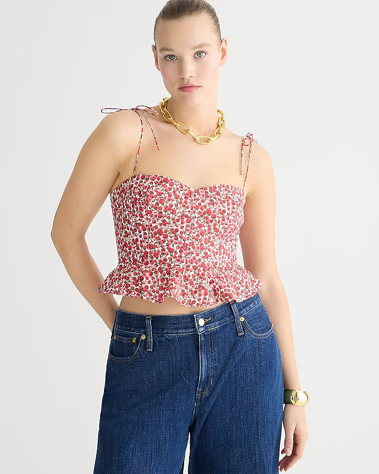 Cropped bustier peplum top in Liberty® Eliza's Red fabric | J. Crew US