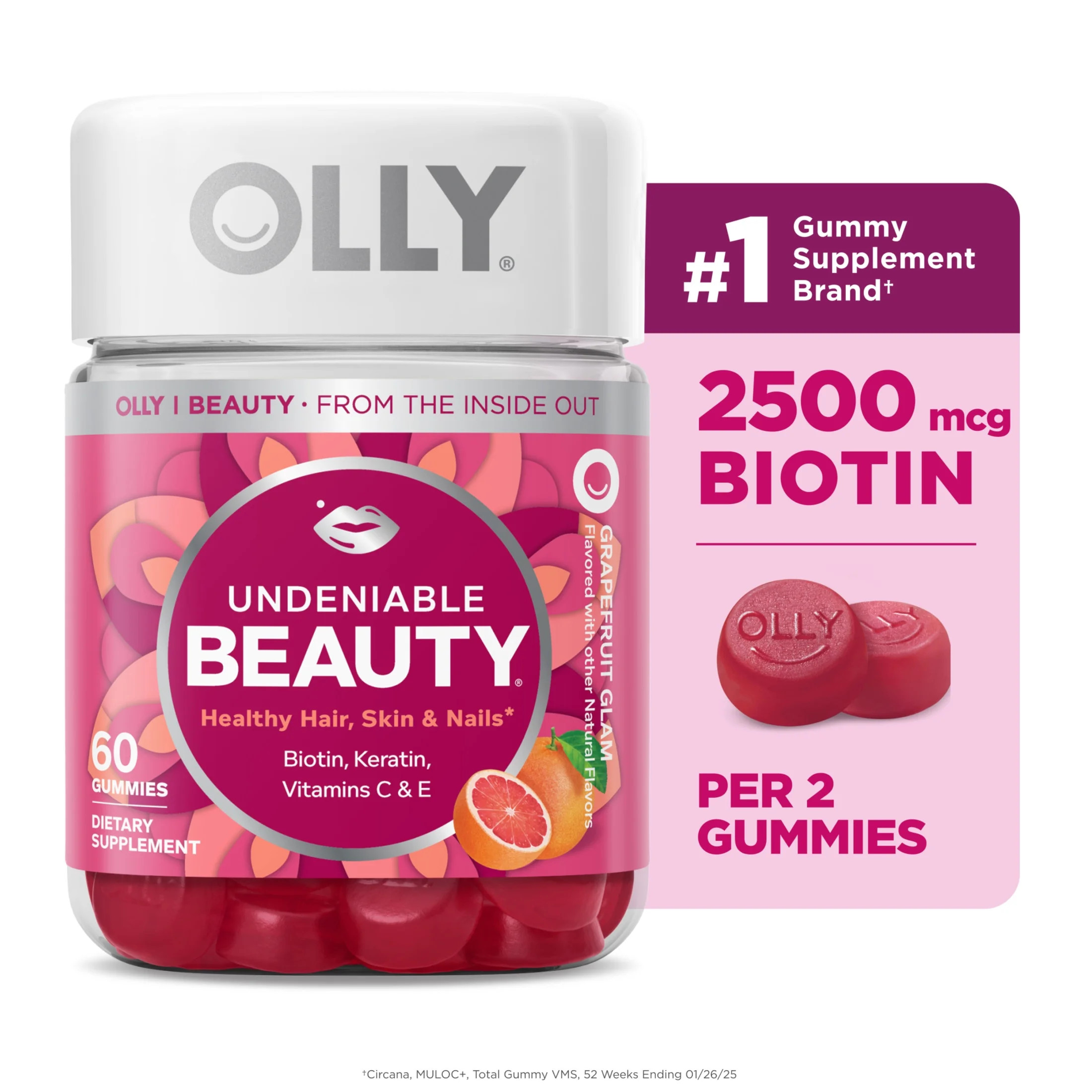 OLLY Undeniable Beauty Gummies, Biotin, Keratin, Supplement for Hair, Skin, Nails, 60 Count | Walmart (US)