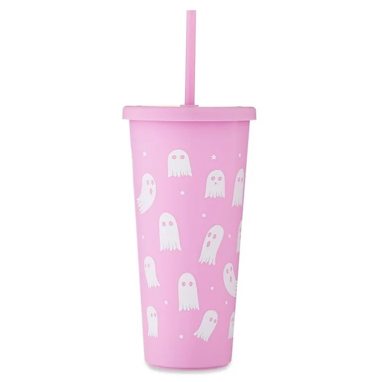 Halloween Pink & White Ghosts Plastic Tumbler with Lid & Straw, 25.3 oz, Partyware, by Way to Cel... | Walmart (US)