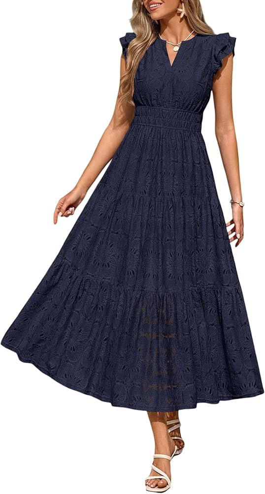PRETTYGARDEN Womens Boho Maxi Dresses 2026 Summer Floral Lace Eyelet V Neck Spring Wedding Guest ... | Amazon (US)