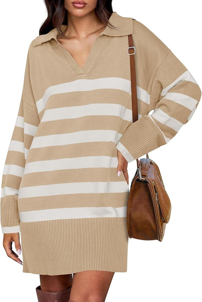 ZESICA Women's Striped Sweater Dress 2024 Fall Long Sleeve V Neck Collar Loose Knit Mini Dresses | Amazon (US)