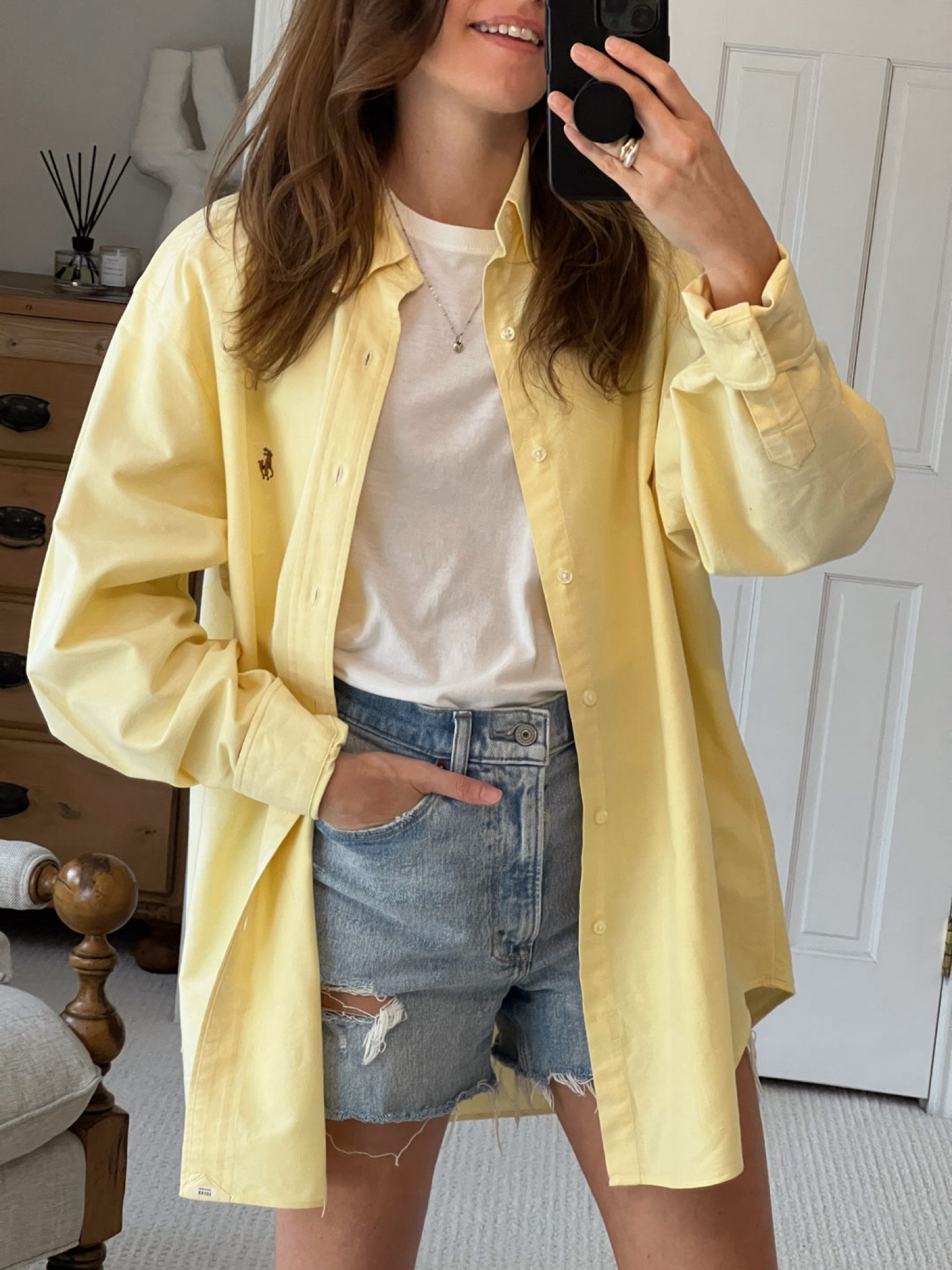 Casual summer outfit idea: a big Ralph Lauren button up shirt with Abercrombie Jean shorts 

#LTKSeasonal #LTKStyleTip