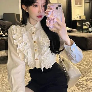 Long-Sleeve Plain Ruffle Trim Crop Shirt | YesStyle Global