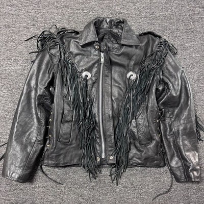 Vintage Hudson Leather Fringe Motorcycle Concho Jacket Sz 44 Black | eBay US