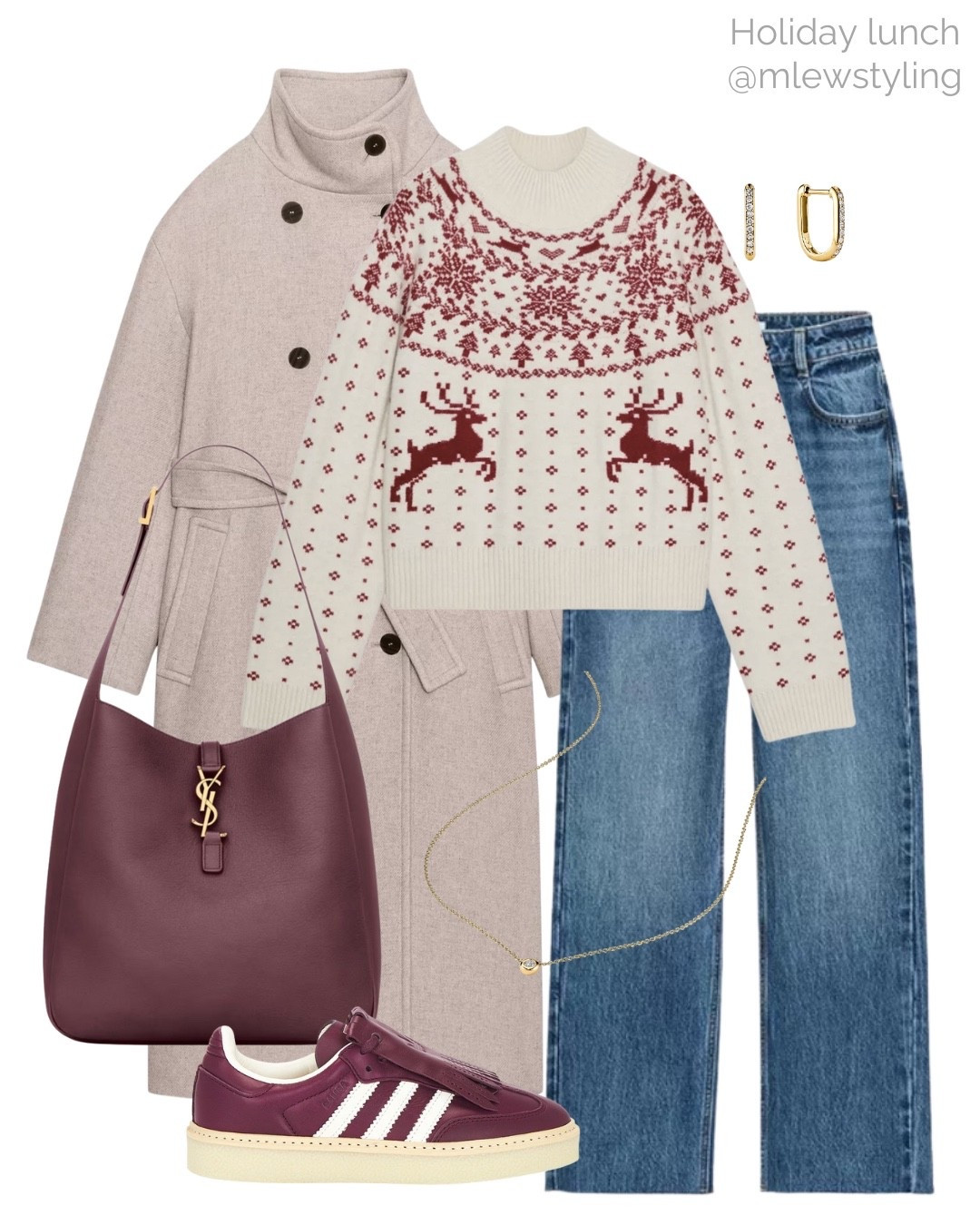 An outfit for a holiday lunch 🤍

Tags: Christmas sweater outfit, ysl burgundy tote bag, new in Zara jeans, burgundy adidas sneakers, belted coat, Mejuri huggie earrings, festive look 

#LTKHoliday #LTKootd #LTKSeasonal