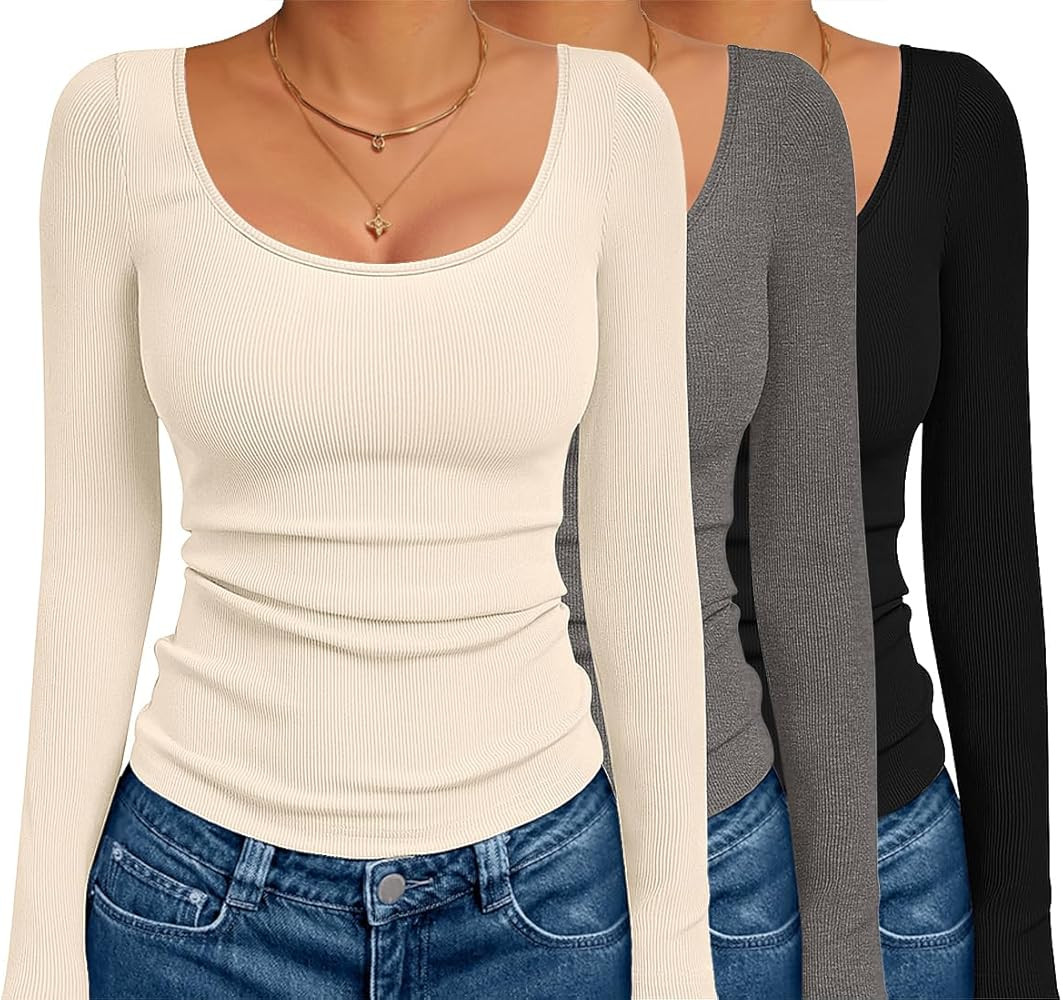 Ekouaer 3 Pack Long Sleeve Shirts for Women Scoop Neck Ribbed Thermal Tops Slim Fit Basic Undersh... | Amazon (US)