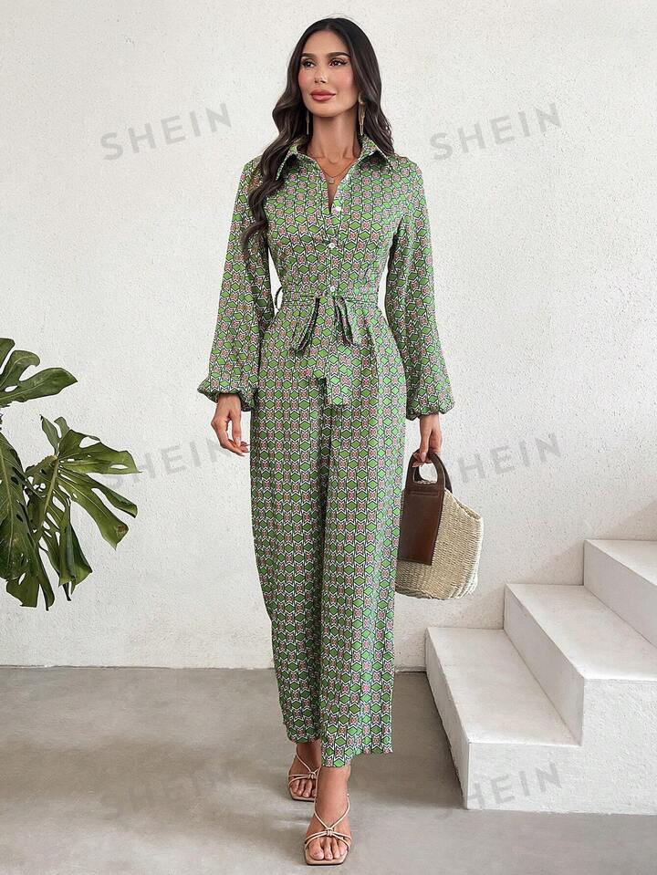 SHEIN Mulvari All-Over Printed Lantern Sleeve Jumpsuit With Waist Belt | SHEIN
