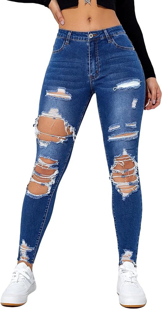 Women's Cut Out Ripped Jeans Raw Hem High Waist Skinny Denim Pants | Amazon (US)