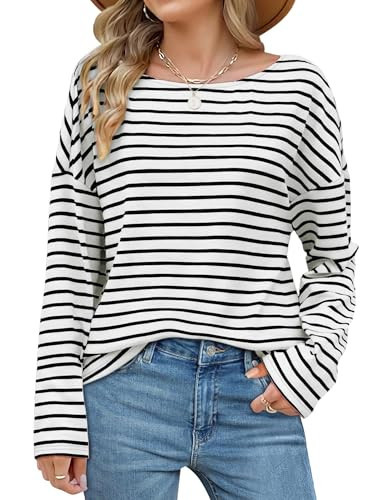 Striped Long Sleeve Tops for Women Long Sleeve Shirts for Women Black and White Striped Shirt Women Boat Neck Tops for Women Fall Clothes S | Amazon (US)