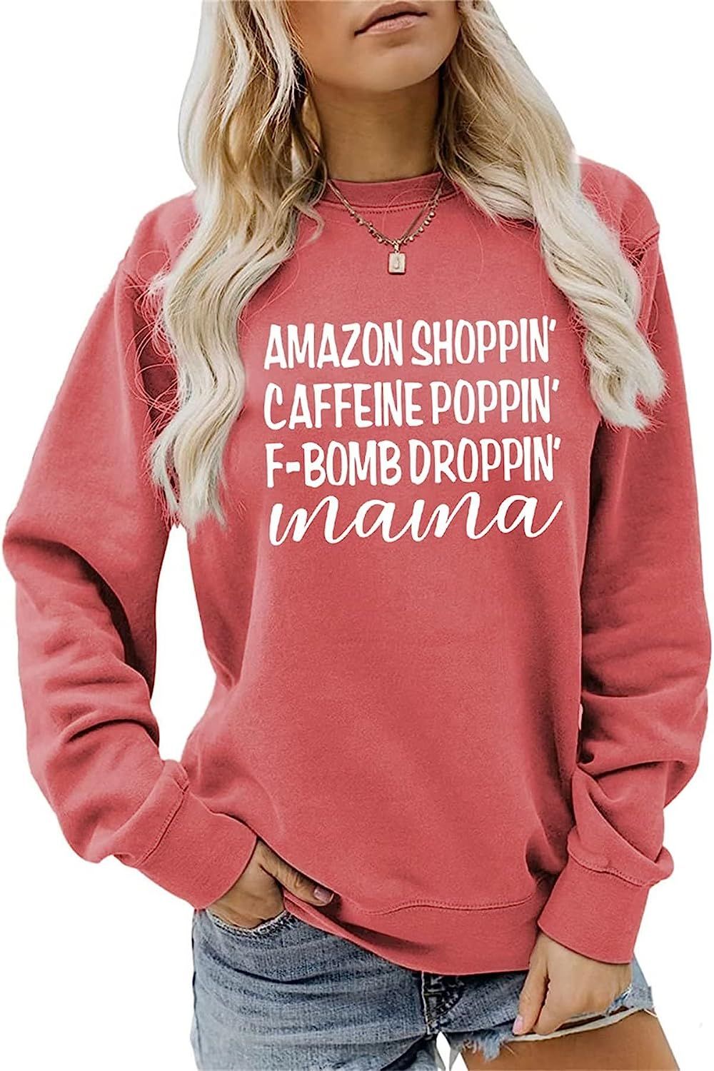 HHLLEOJK Womens Mama Graphic Sweatshirt F-BOMB Mama Long Sleeve Crew Neck Pullover Top Casual Funny  | Amazon (US)
