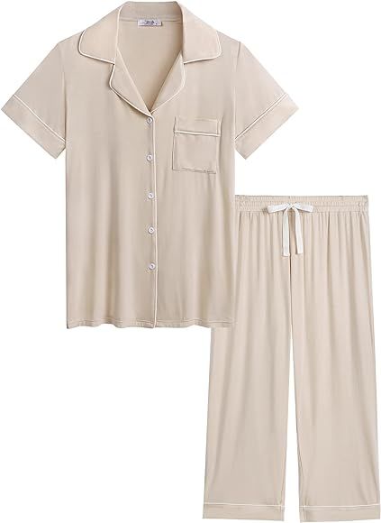 Joyaria Women Bamboo Viscose Pajamas Set Cooling Capri Button Up/Down Pjs Short Sleeve Sleepwear | Amazon (US)
