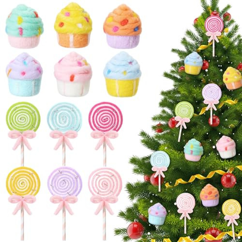 Liliful 12 Pcs Christmas Felted Wool Lollipop and Cupcake Hanging Ornament Wool Christmas Ornaments Fake Lollipop Candy Tree Decor for Xmas Party Decorations | Amazon (US)