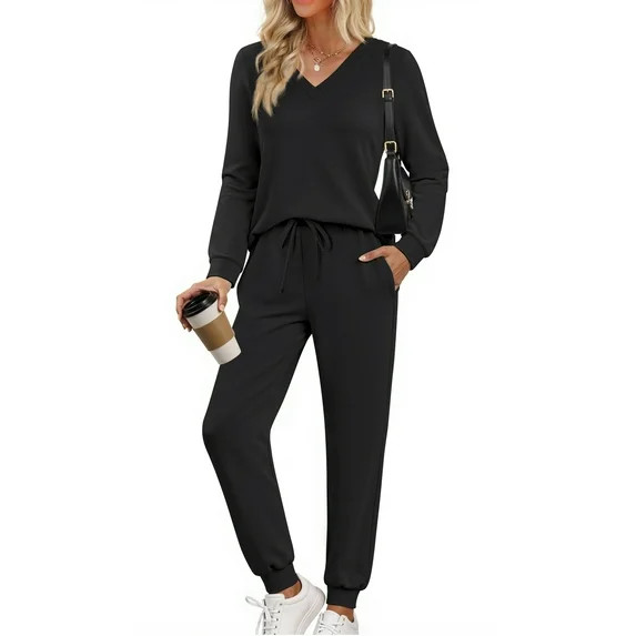 Fantaslook Two Piece Sets for Women Fall Outfits Fashion Lounge Sets V Neck Tops and Jogger Pants... | Walmart (US)