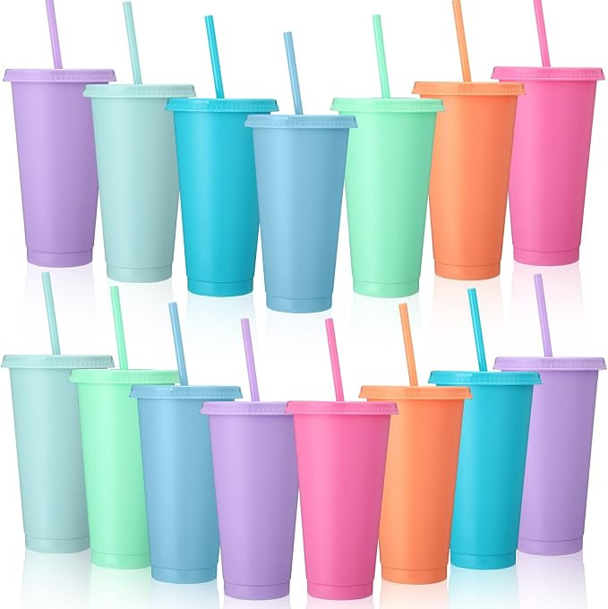 Honeydak 15 Pack Plastic Cups with Lids Straws,Macaron Color | Bulk Cups for Gifts, Reusable, 24-... | Amazon (US)