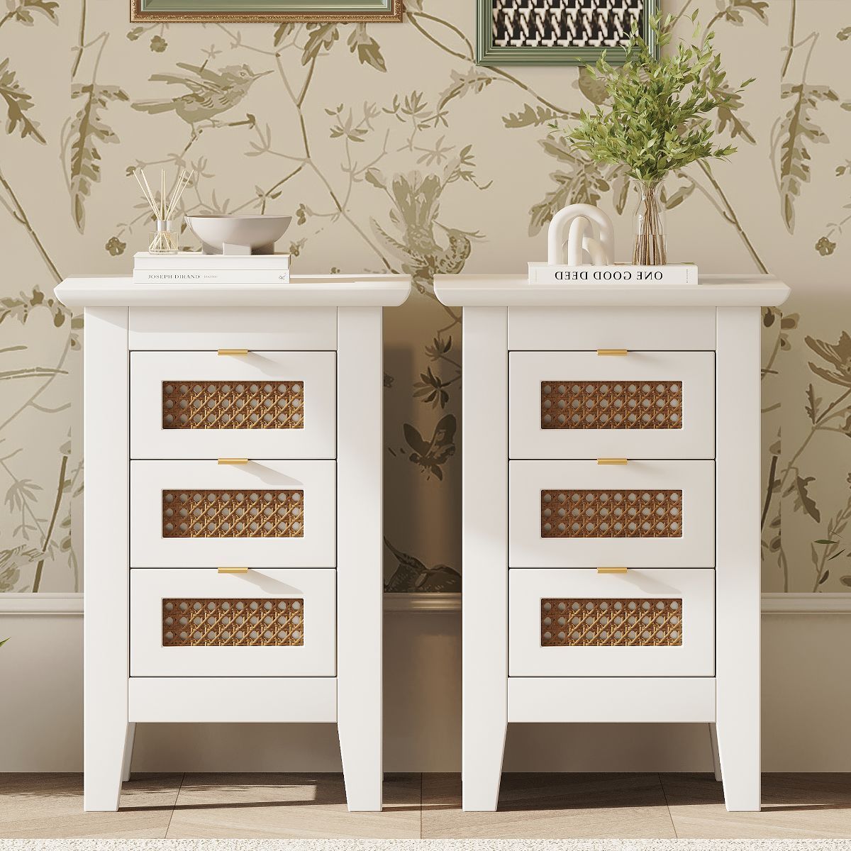Set of 2 Wooden Nightstands with Rattan-Woven Surfaces and Three Drawers 4A -ModernLuxe | Target