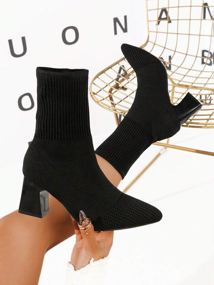 Women's Black Stretchy Ankle Boots / Women's Outdoor Non-Slip Warm Fashionable Beige Knitted Chun... | SHEIN