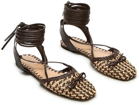 Woven Ballet Flats for Women Lace Up Closed Square Toe Summer Flats Shoes | Amazon (US)