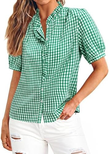 siliteelon Women Plaid Shirt Gingham Short Sleeve Top Button Down Ruffle V Neck Dress Shirts Cott... | Amazon (US)