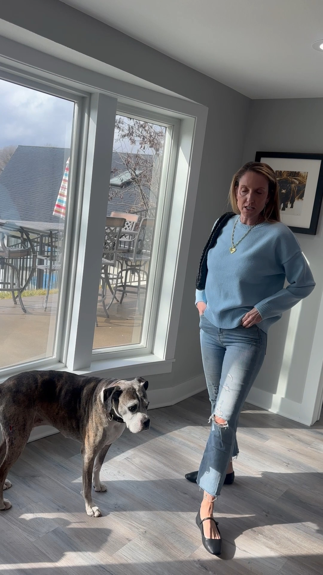 Morning views and morning blues! 💙☕️ There is something so calming about this light blue knit for a day at Weatherby Lake. It’s the perfect 'above-the-keyboard' look that keeps me cozy through all my morning meetings. Shop this exact sweater and my favorite distressed denim on my LTK! 🛍️ #WeatherbyLakeStyle #BlueSweater #WFHLook

Light blue crewneck, pastel sweater, distressed straight-leg jeans, raw hem denim, black woven shoulder bag, gold heart necklace, black ballet flats, Weatherby Lake, WFH fashion 2026, comfy casual, transition style, spring knitwear, LTK style, feminine basics#LTKFindsUnder50

#LTKOver40 #LTKmomlife #LTKSeasonal