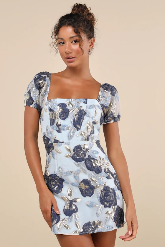 Cheerfully Perfect Blue Floral Jacquard Puff Sleeve Mini Dress | Lulus