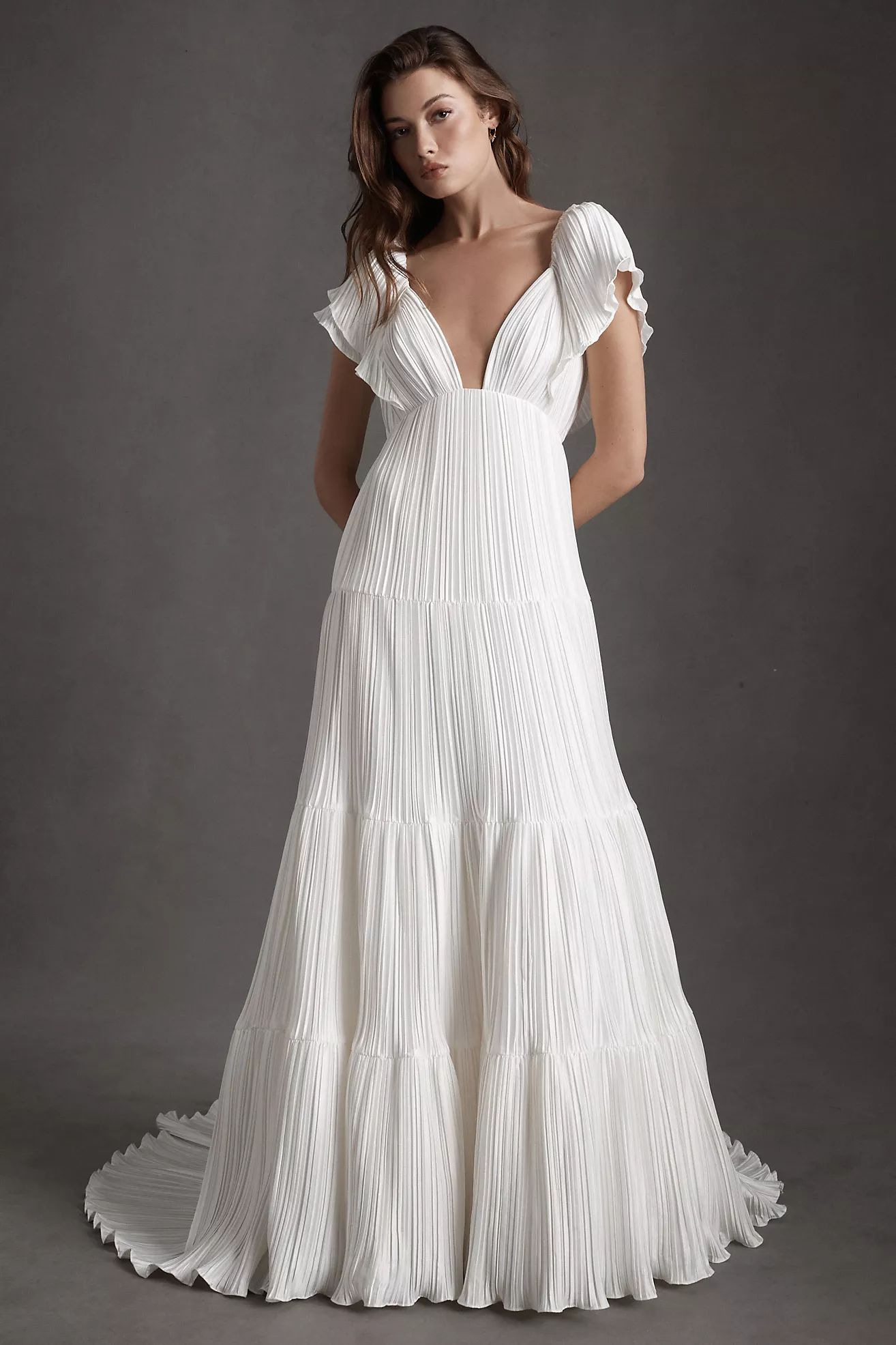 BHLDN Valerie Flutter-Sleeve Pleated Satin Wedding Gown | Anthropologie (US)