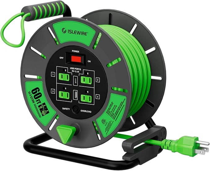 60 FT Retractable Extension Cord Reel, 14AWG SJTOW Heavy Duty Power Cord with 4 Grounded Outlets,... | Amazon (US)