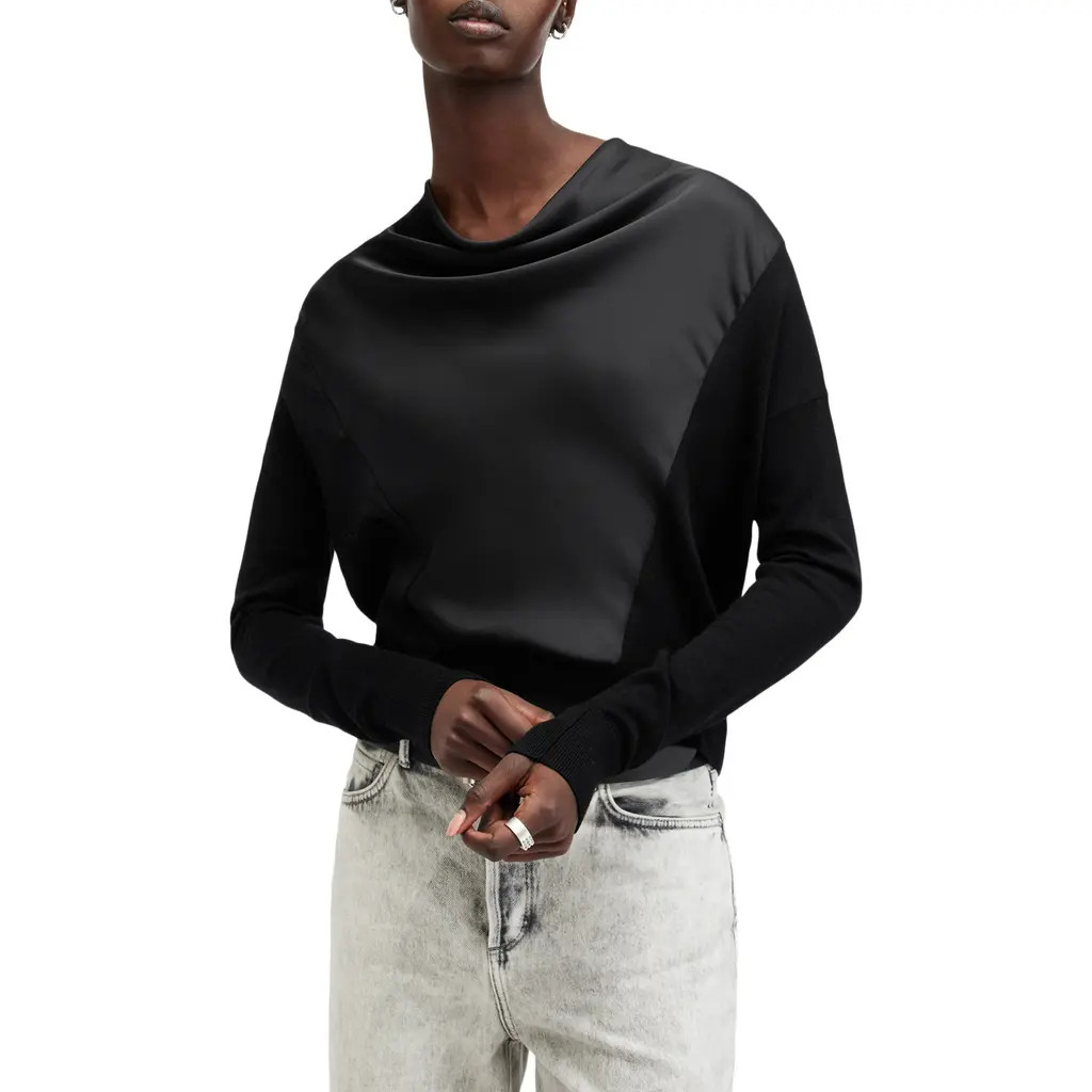 AllSaints Myra Cowl Neck Mixed Media Wool Sweater in Black at Nordstrom Rack, Size Large | Nordstrom Rack