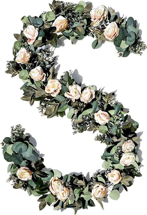 Eucalyptus Garland with Flowers-17 Ivory Roses- Lush, Natural Looking Eucalyptus and Flower Garla... | Amazon (US)