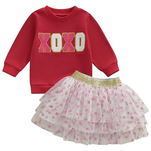 Kayotuas Toddler Baby Girl Valentines Outfit XOXO Heart Sweatshirt and Tulle Tutu Skirts Set Cute Spring Party Dress Clothes (XOXO Hearts Red, 5-6 Years) | Amazon (US)