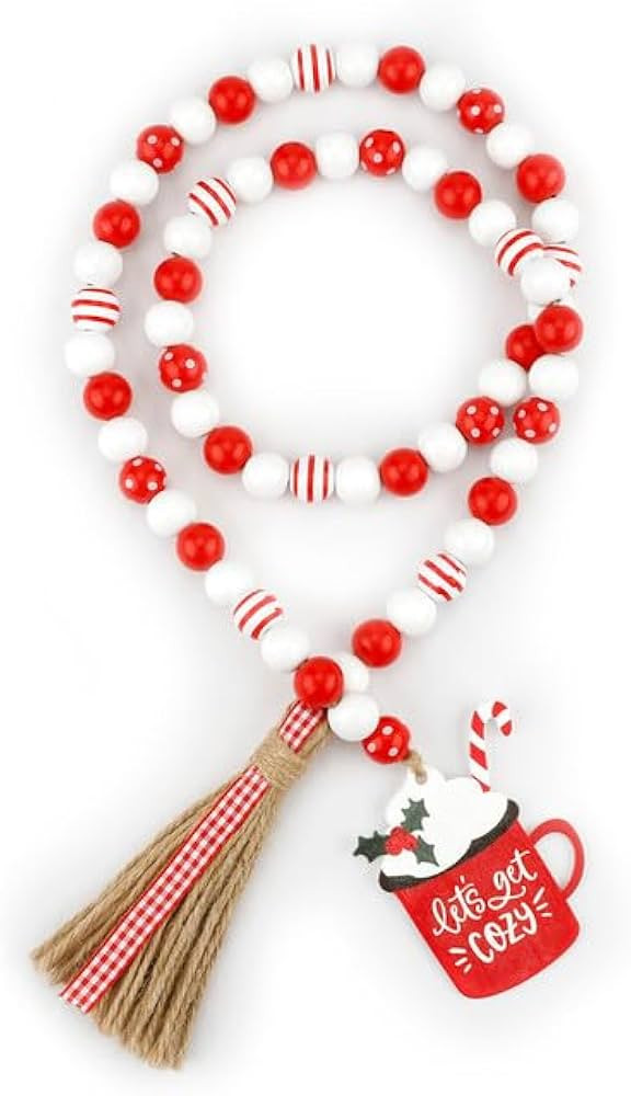 Wood Bead Garland with Tassels Christmas Farmhouse Beads Decor Natural, Colorful Wooden Prayer Be... | Amazon (US)