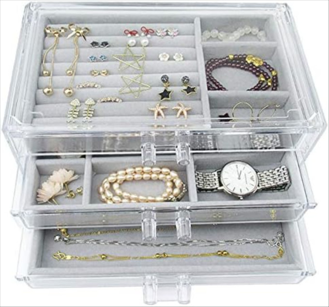 Click for more info about Acrylic Jewelry Box 3 Drawers, Velvet Jewellery Organizer, Earring Rings Necklaces Bracelets Disp...