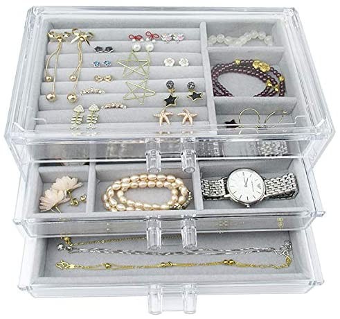 Click for more info about Acrylic Jewelry Box 3 Drawers, Velvet Jewellery Organizer, Earring Rings Necklaces Bracelets Disp...