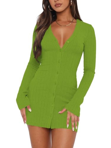 Sexy V Neck Dress Women Casual Long Sleeve Bodycon Midi Dresses 2025 Fall Winter Knitted Button Down Midi Dress Green,2XL | Amazon (US)